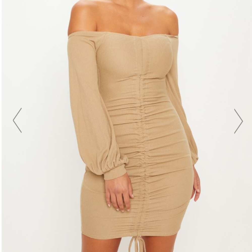 PrettyLittleThing Tan Bardot Bodycon Dress SZ 2